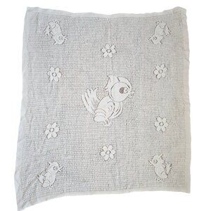 Vintage White Knit Baby Blanket Bird Flowers Open Knit‎ Yellow Bird 32 X 35